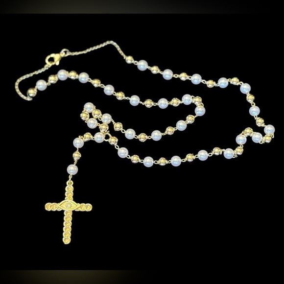 Jewelry - Faux Pearl Rosary Necklace Gold Tone Cross Evil Eye Beaded Chain